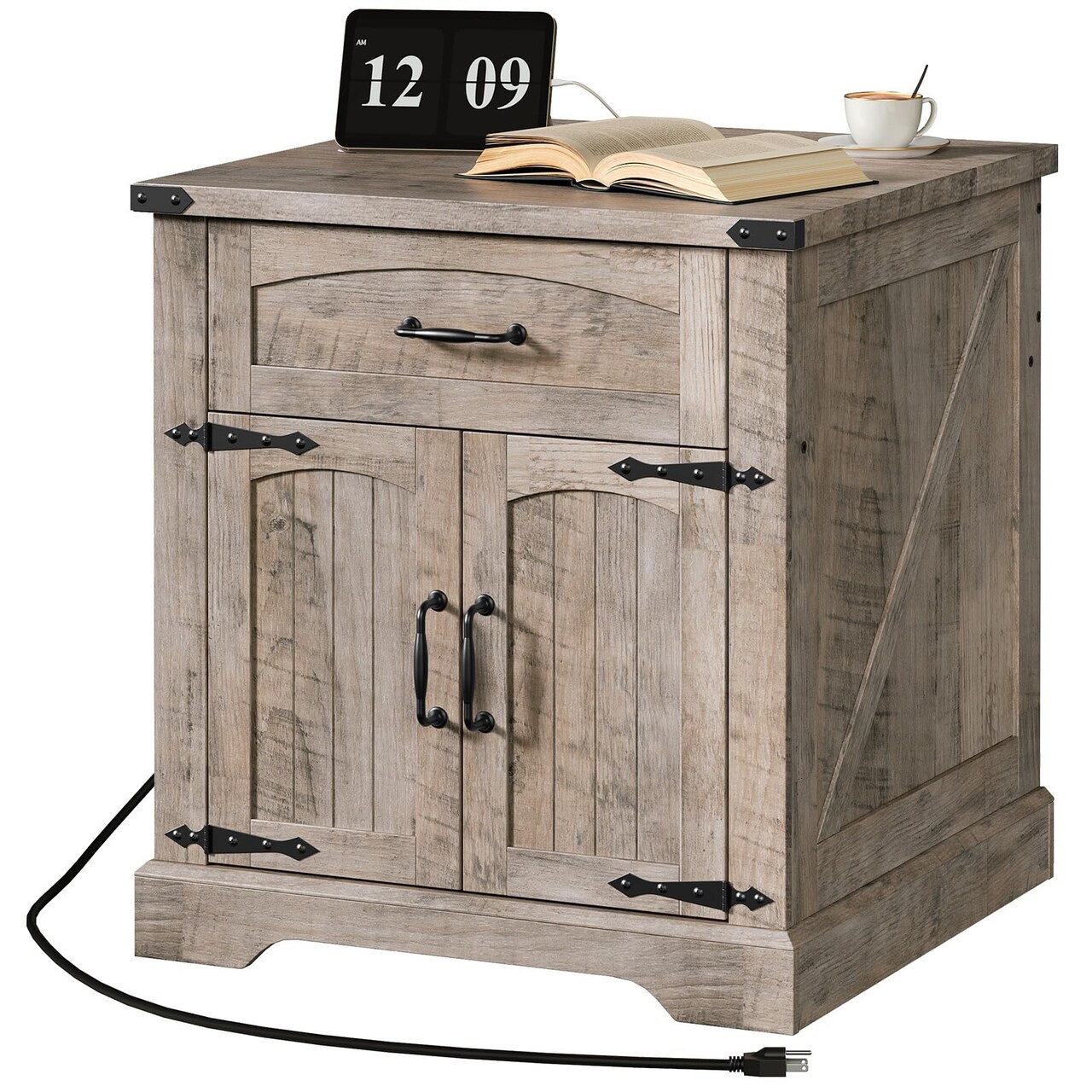 Greige End Table with Barn Door Storage Power Outlets USB Type-C Ports